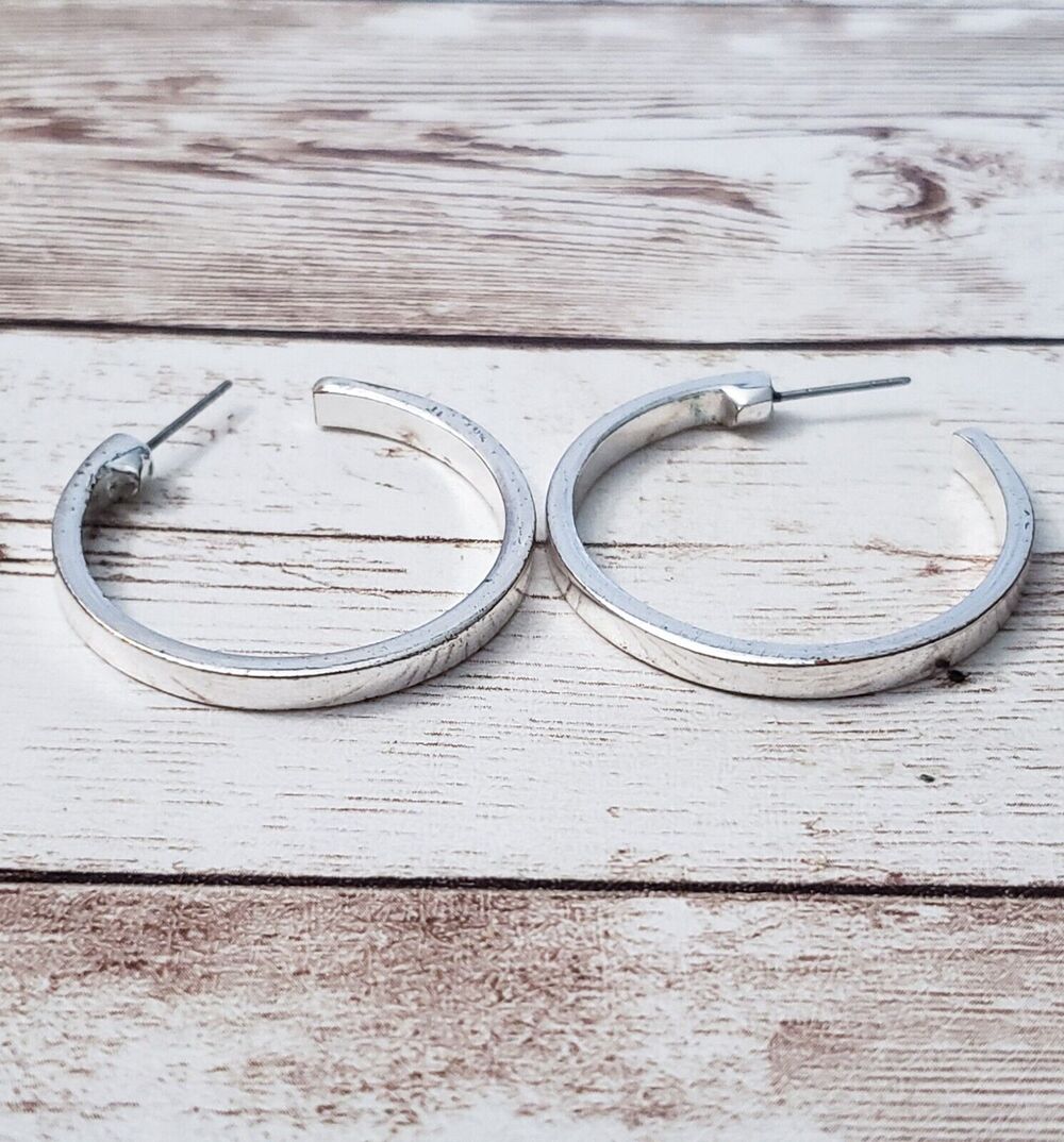 Earrings for Pierced Ears Large Silver Tone Hoops Stamped G - 1.25"